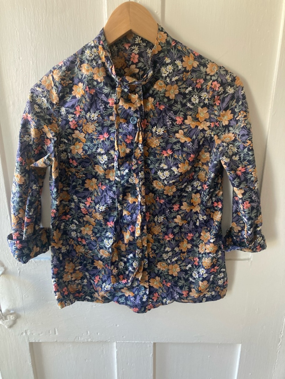 Floral Button-Up Blouse in Navy with Mustard and Pink Flowers